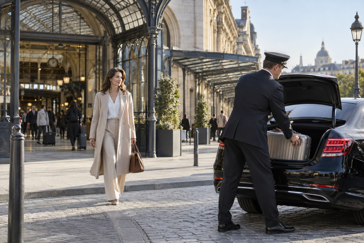 Chauffeur loading luggage for a direct journey from a Paris station
