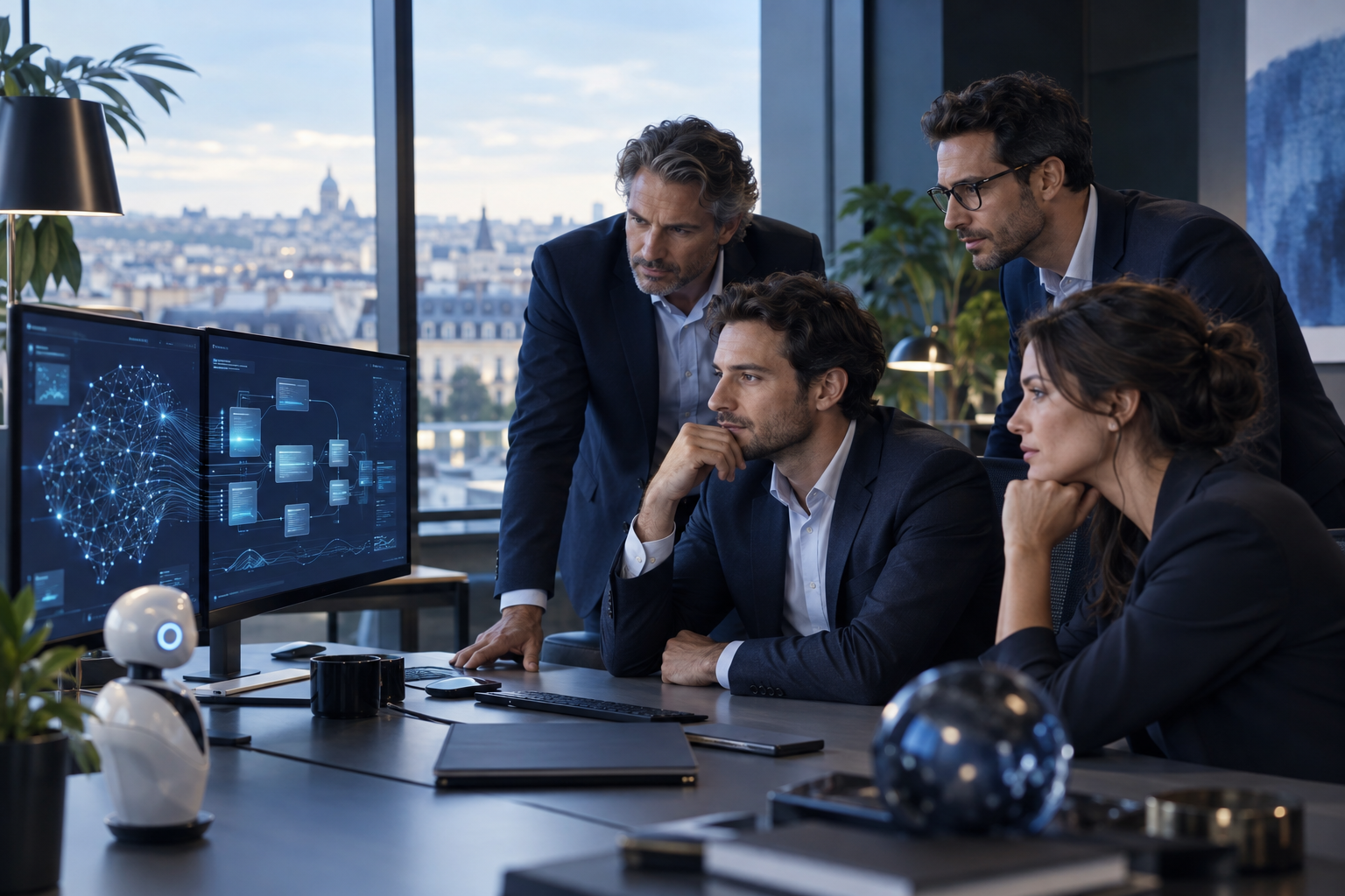 Des dirigeants de PME supervisent un flux de travail piloté par un agent IA dans un bureau moderne.