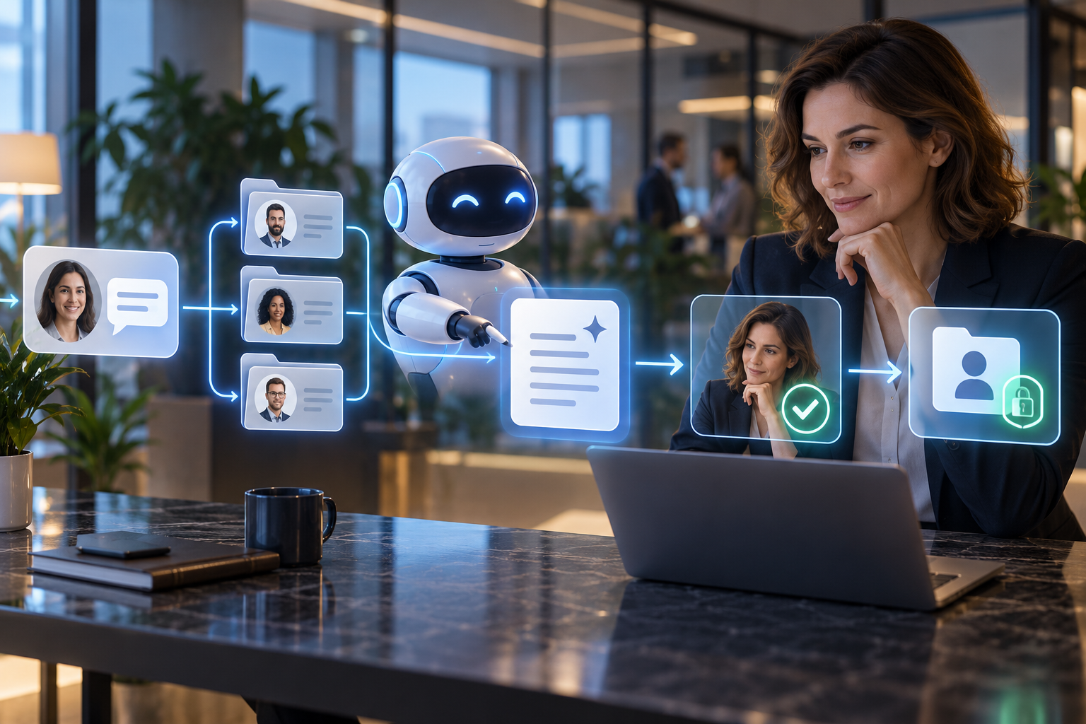 Schéma conceptuel d’un agent IA préparant une mise à jour CRM soumise à validation humaine