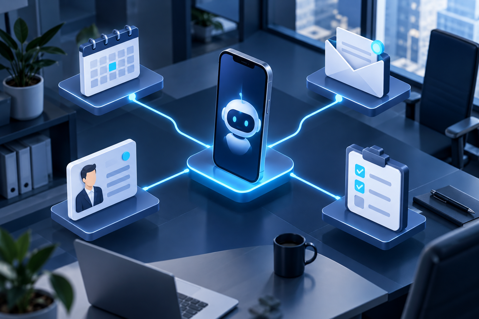 Schéma conceptuel reliant une messagerie mobile au calendrier, au courriel et au CRM