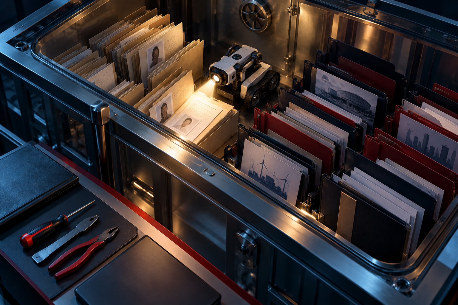 An autonomous device examines personal records and confidential business files inside a digital archive.