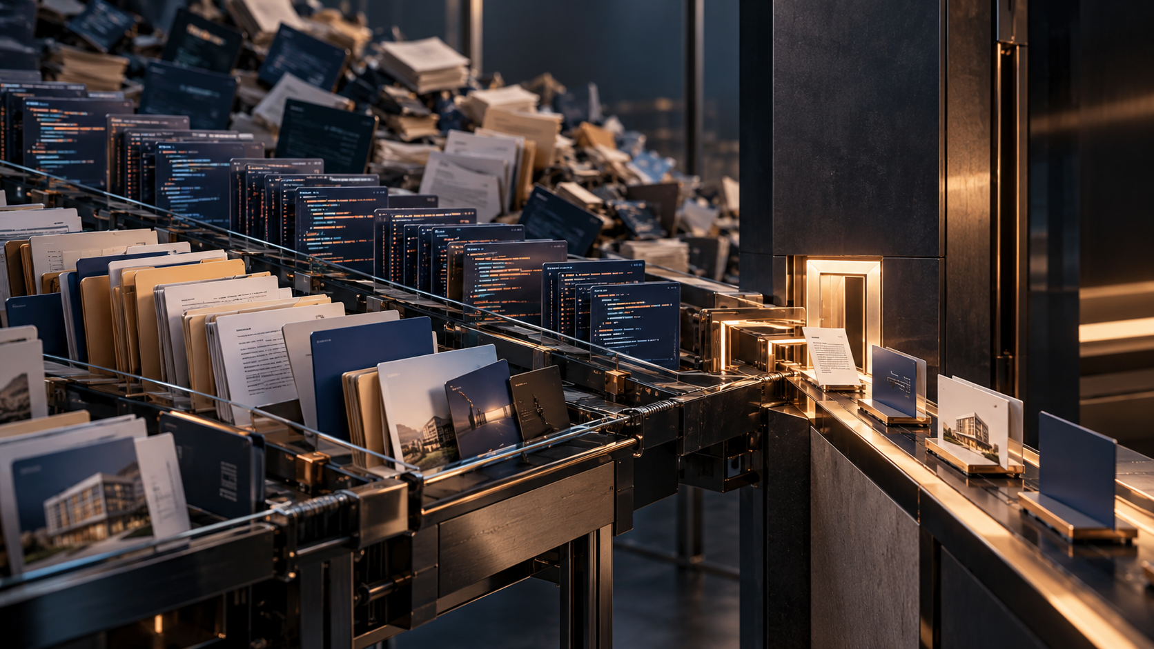 AI-generated work converges on a narrow human review station, illustrating attention as the operational bottleneck.