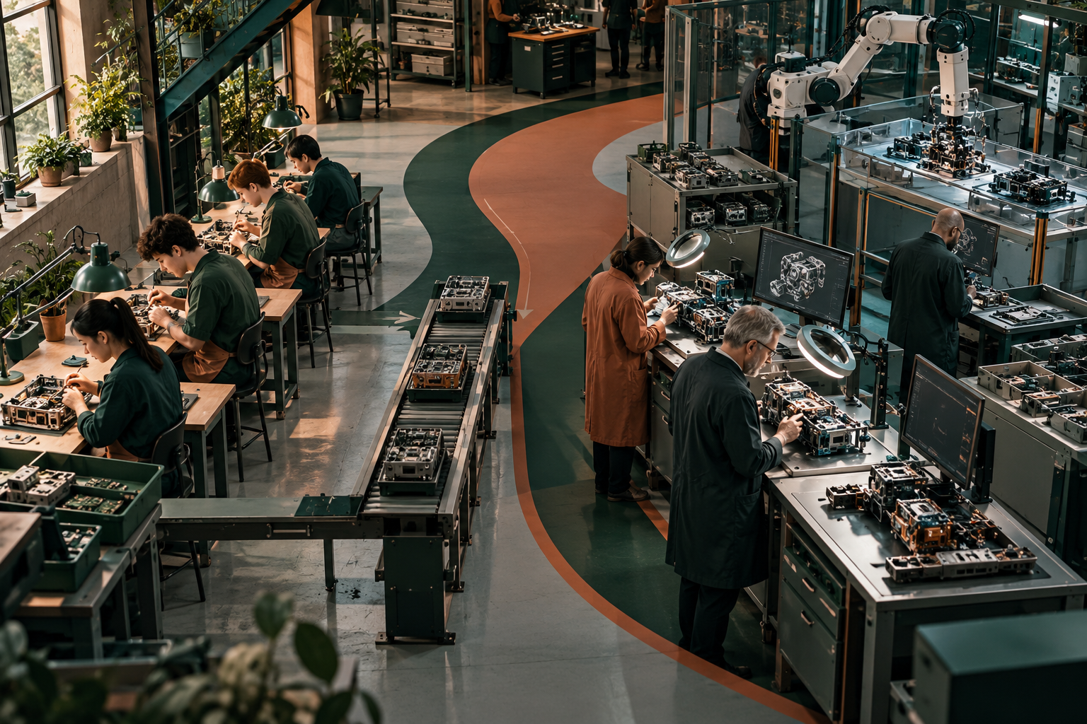 A narrowed apprenticeship path sits beside AI-assisted technical production and experienced review stations.