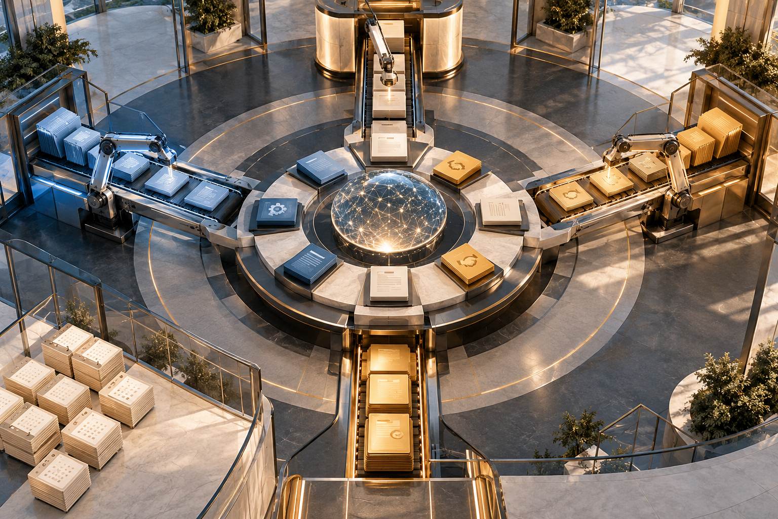 AI-assisted work from several functions converges in a shared coordination chamber.