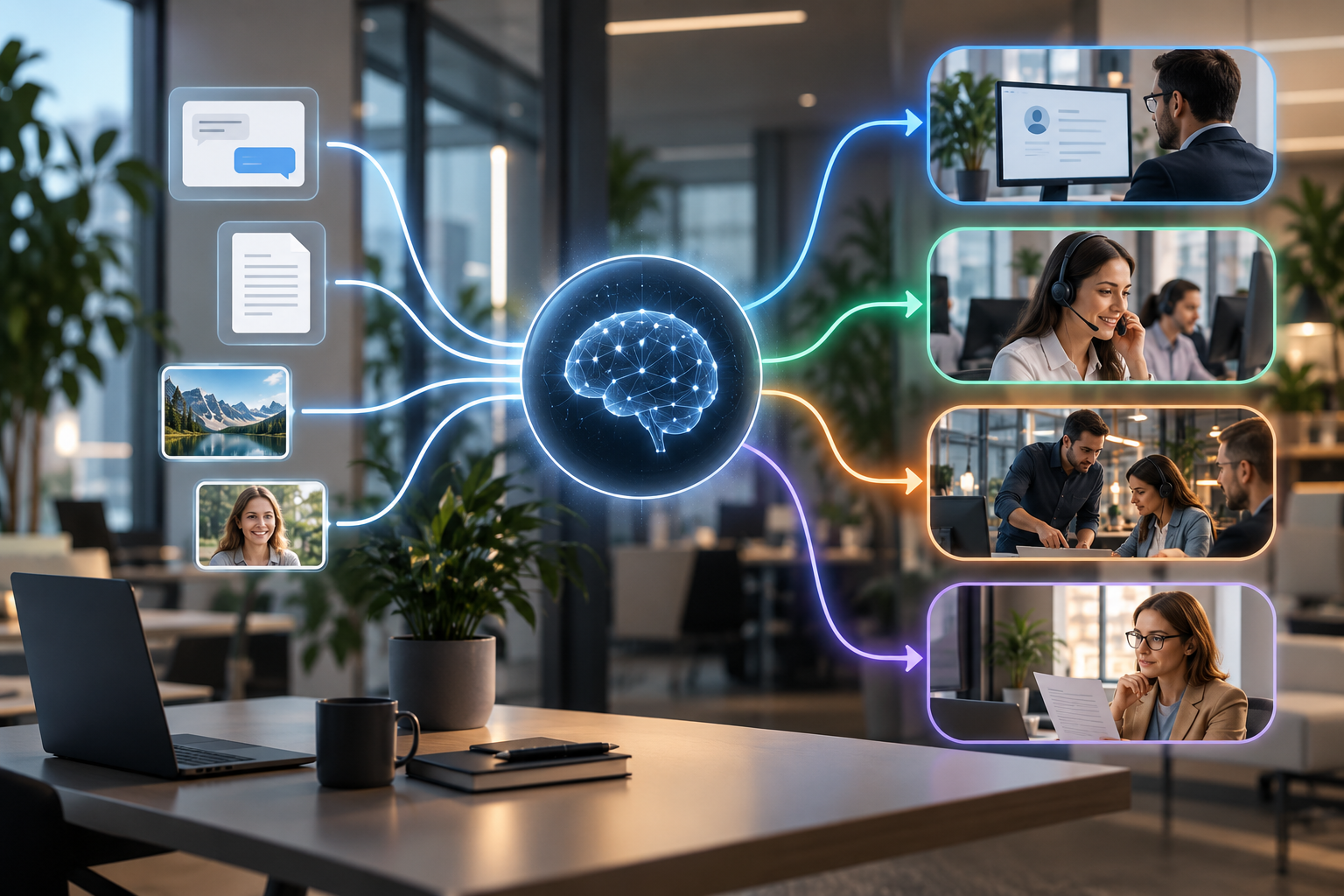 Flux conceptuel orientant des messages, documents et images vers plusieurs outils métier et une validation humaine