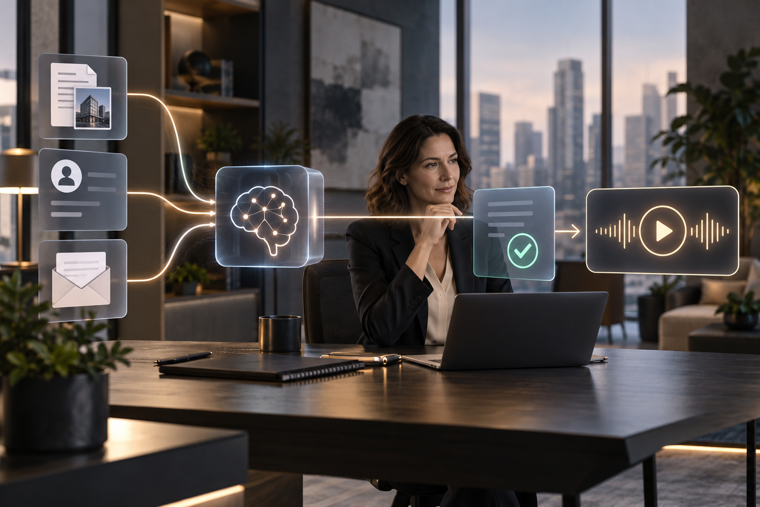 Schéma conceptuel reliant des sources CRM et documentaires à un contenu audio validé par une personne