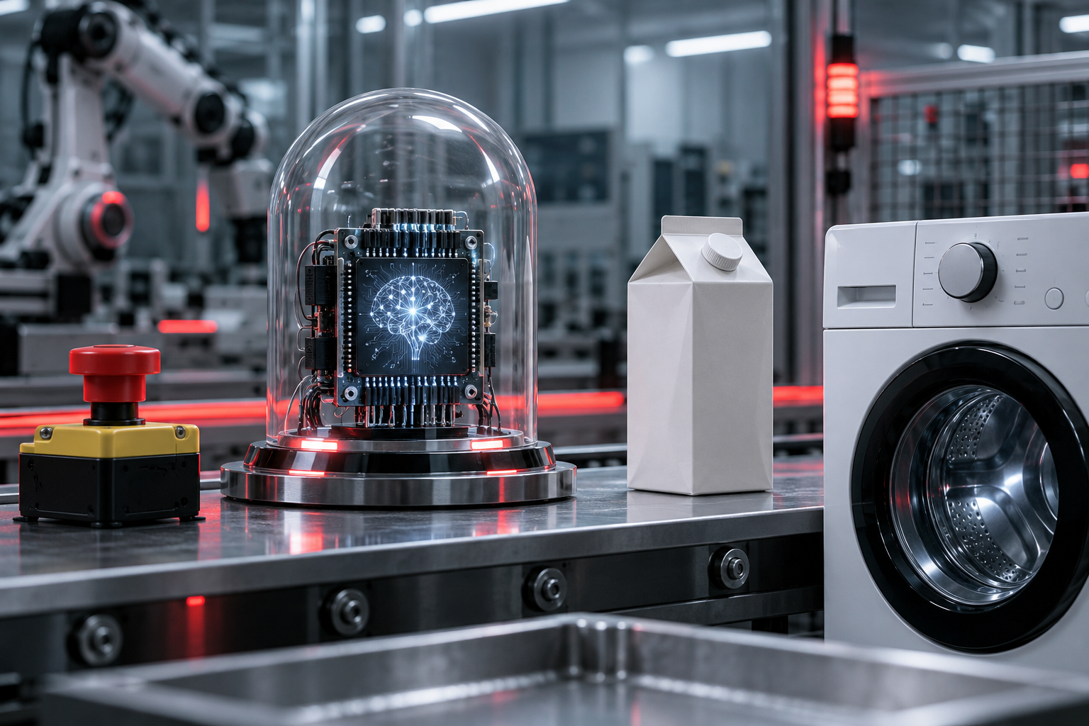 Module d’intelligence artificielle placé sur un banc d’inspection avec un dispositif d’arrêt et des produits soumis à des contrôles de sécurité