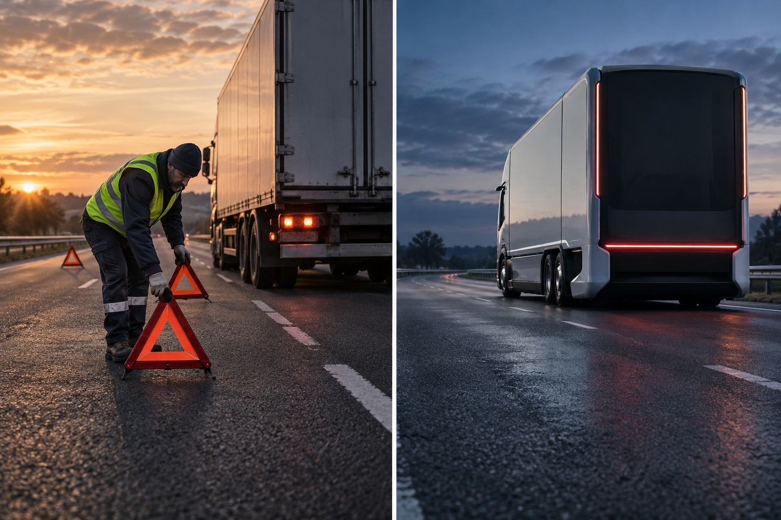 Comparaison entre un conducteur déposant des triangles et un camion autonome sans personne à bord