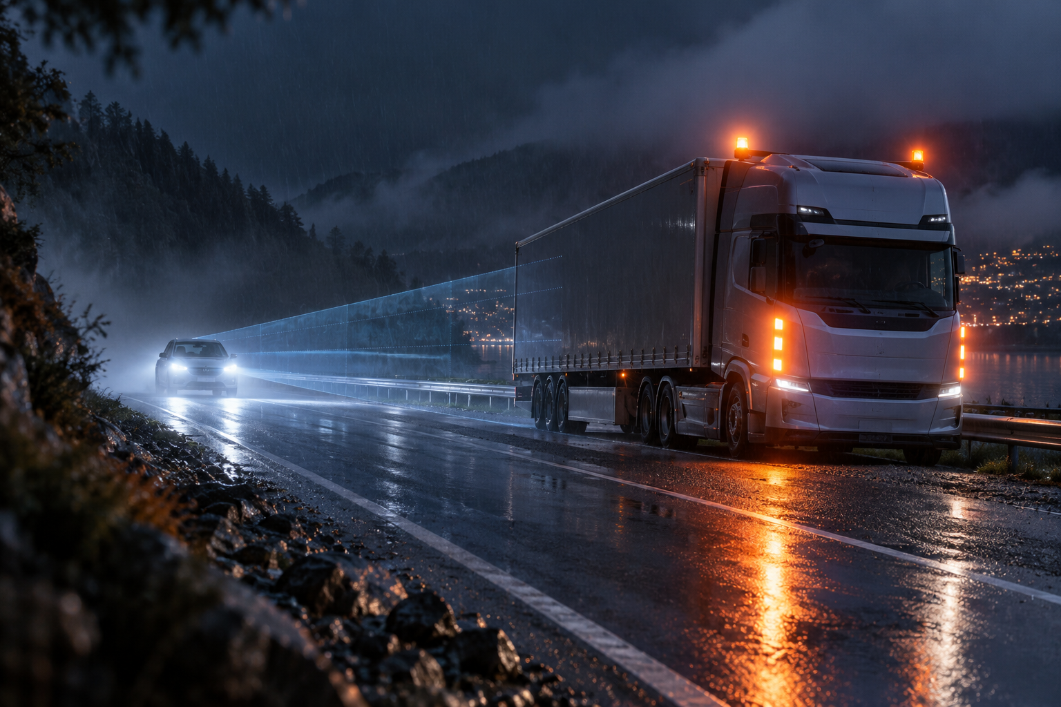 Camion autonome signalé par des balises sur un accotement de nuit sous une pluie légère