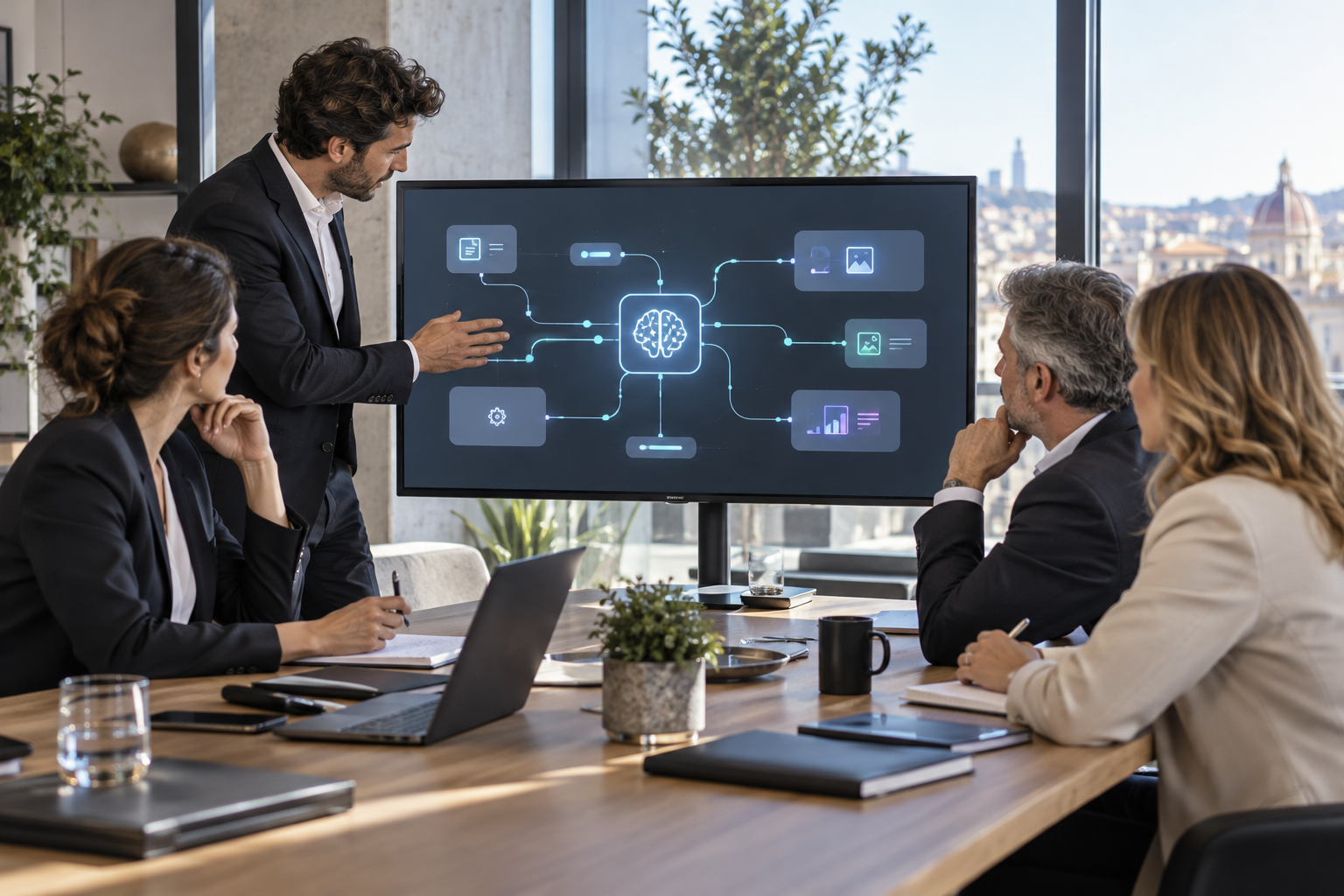Dirigeants de PME comparant des assistants IA dans un bureau moderne
