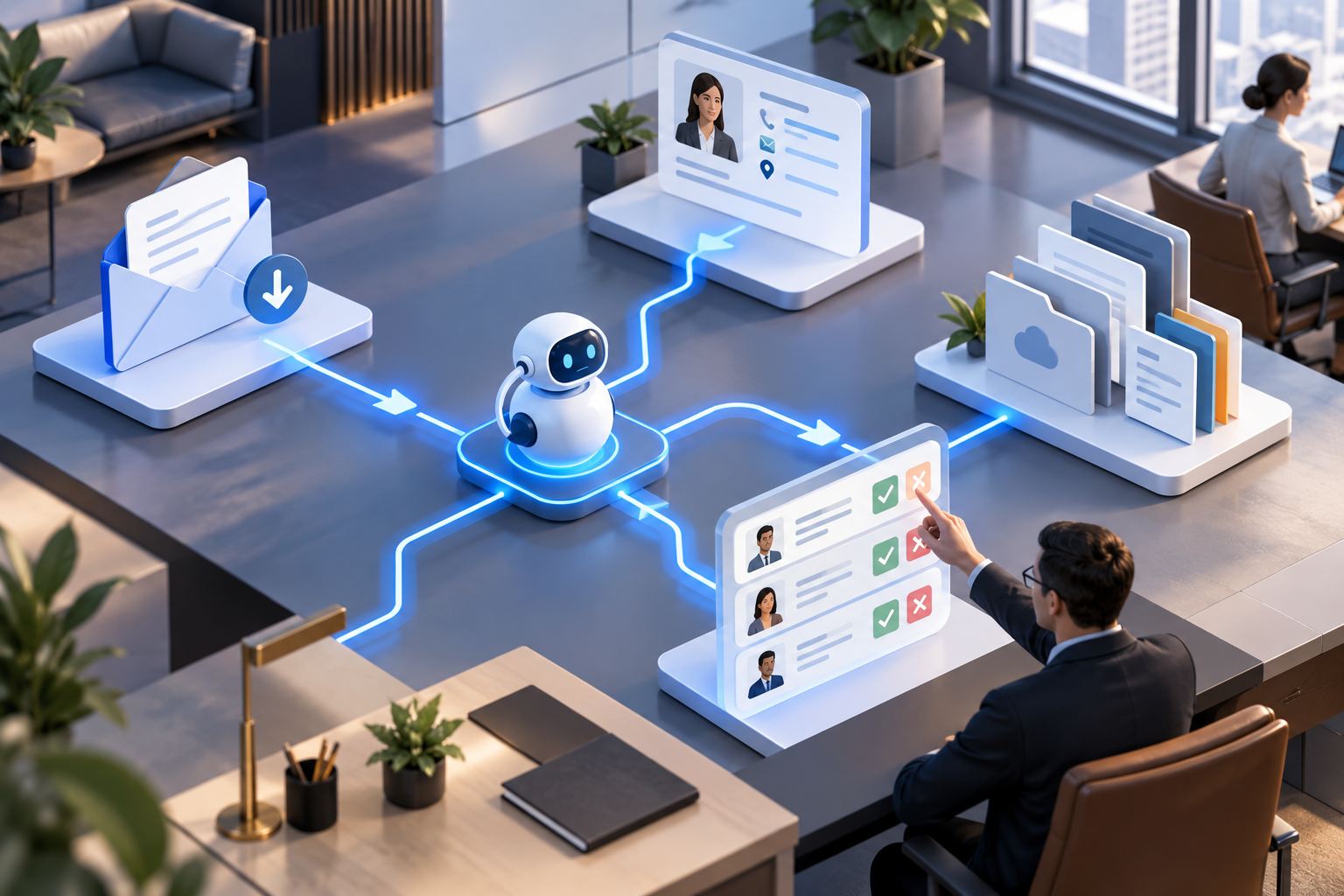 Flux CRM reliant un message client, une fiche, une base documentaire et une validation humaine