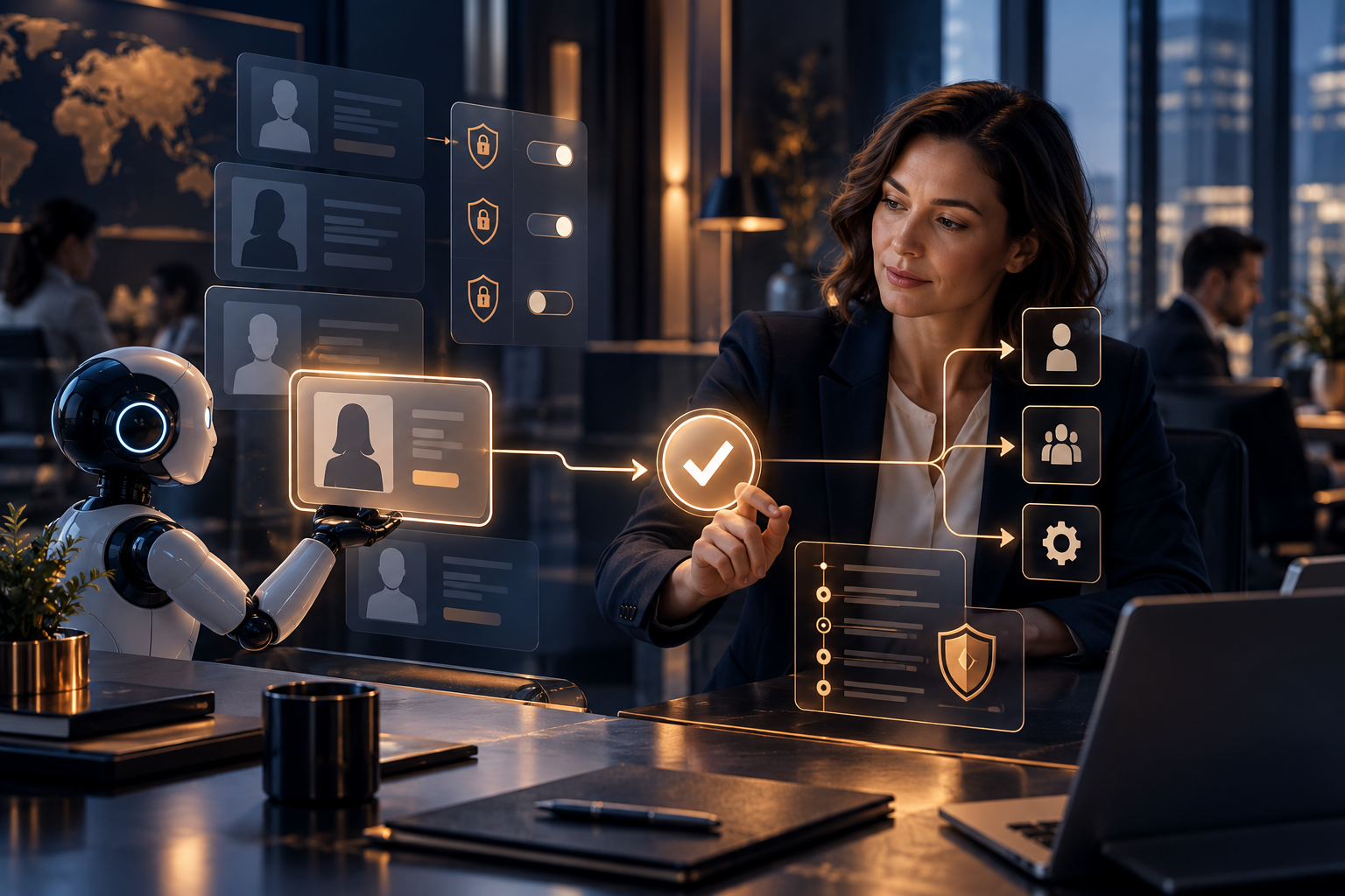 Représentation conceptuelle des contrôles de données et des validations autour d’un CRM assisté par IA
