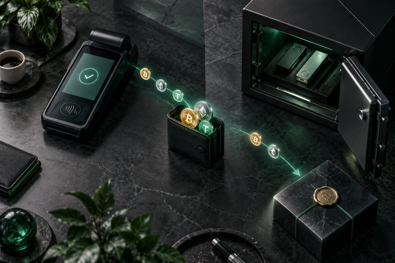 Séparation visuelle entre une adresse de paiement active et une réserve crypto conservée sur une adresse silencieuse.