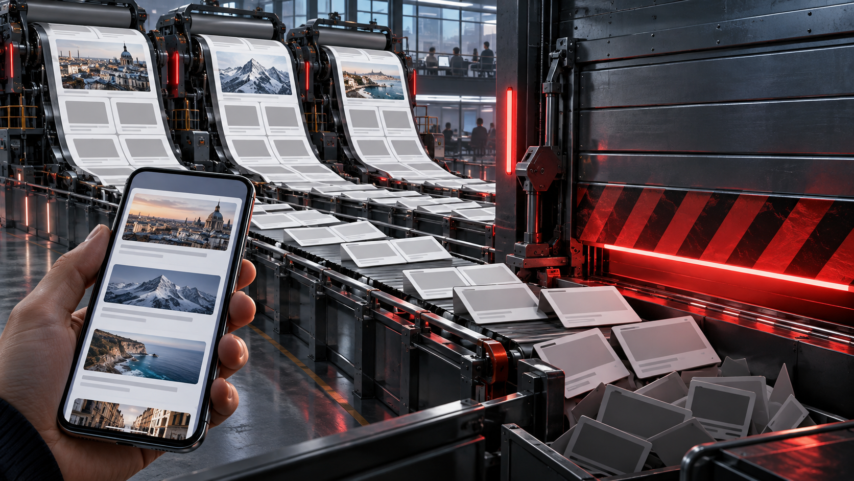 Automated publishing presses feed article cards into a mobile recommendation stream as an exclusion gate closes.
