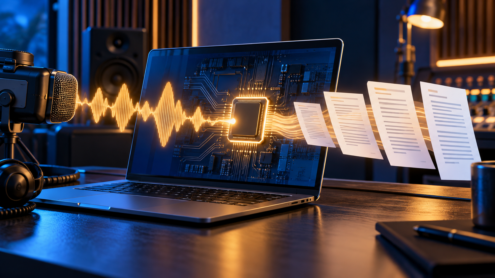 Un enregistrement audio est transcrit directement par un ordinateur portable sans passer par un service distant.