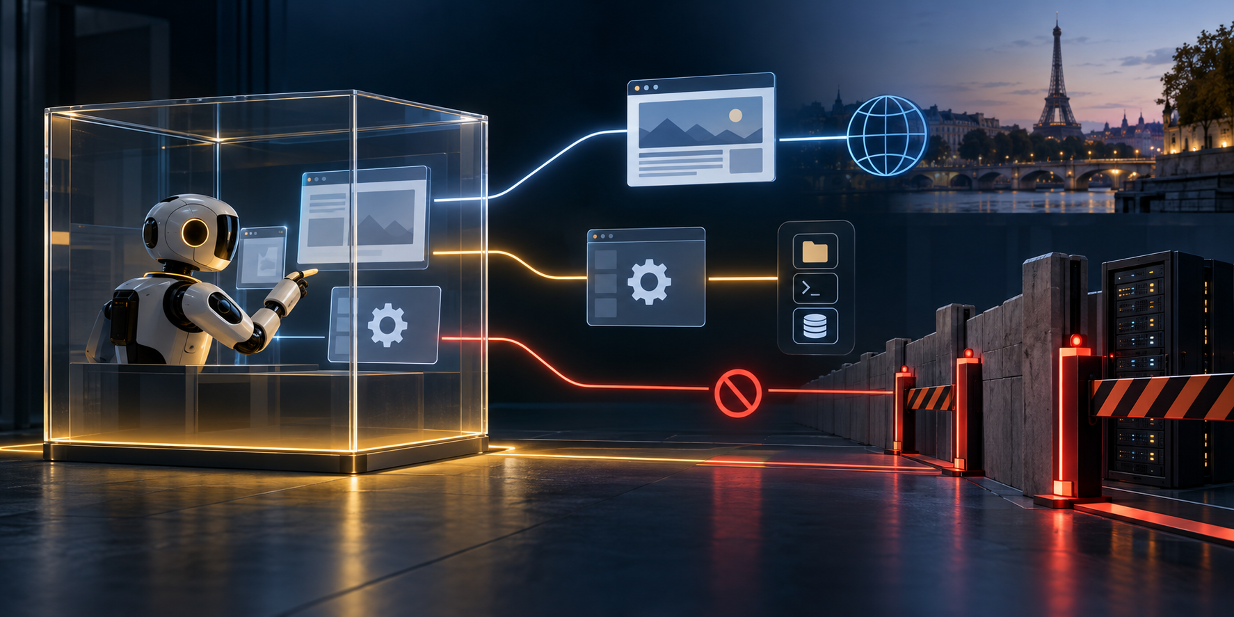 Sandboxed AI browser agent following separate paths to websites and software tools