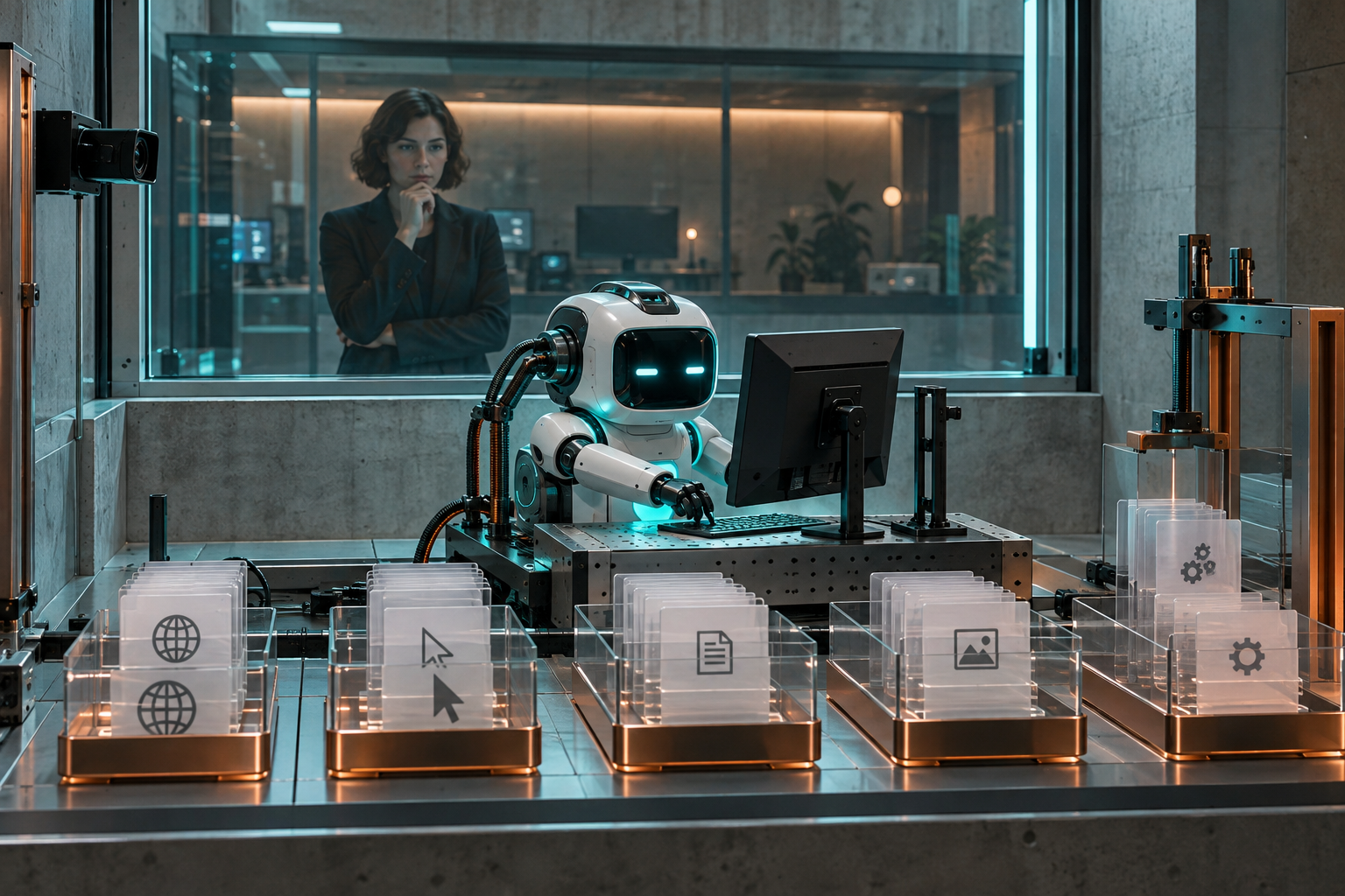 Independent evaluator observing an AI agent perform controlled tool actions in a test laboratory