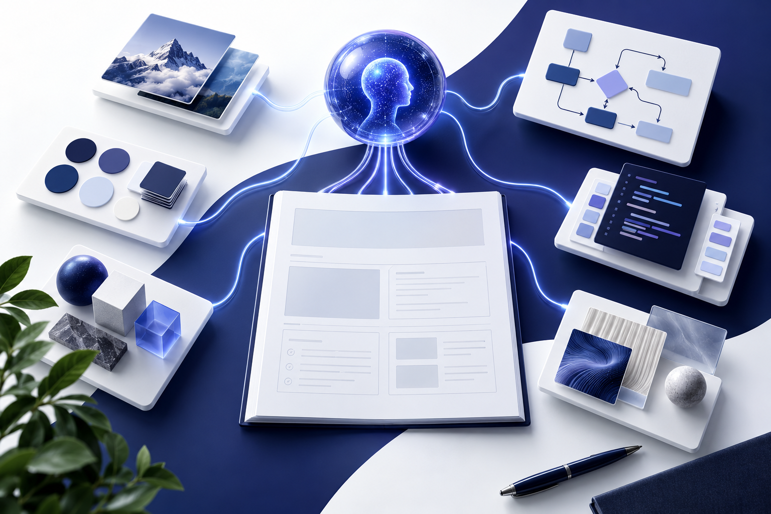 A central specification document linking design components, diagrams, code libraries and an AI agent.