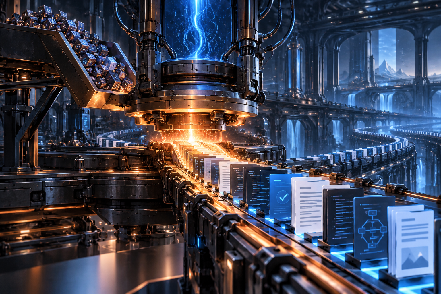 Un moteur d’intelligence artificielle produit une longue chaîne continue de modules logiciels reliés.
