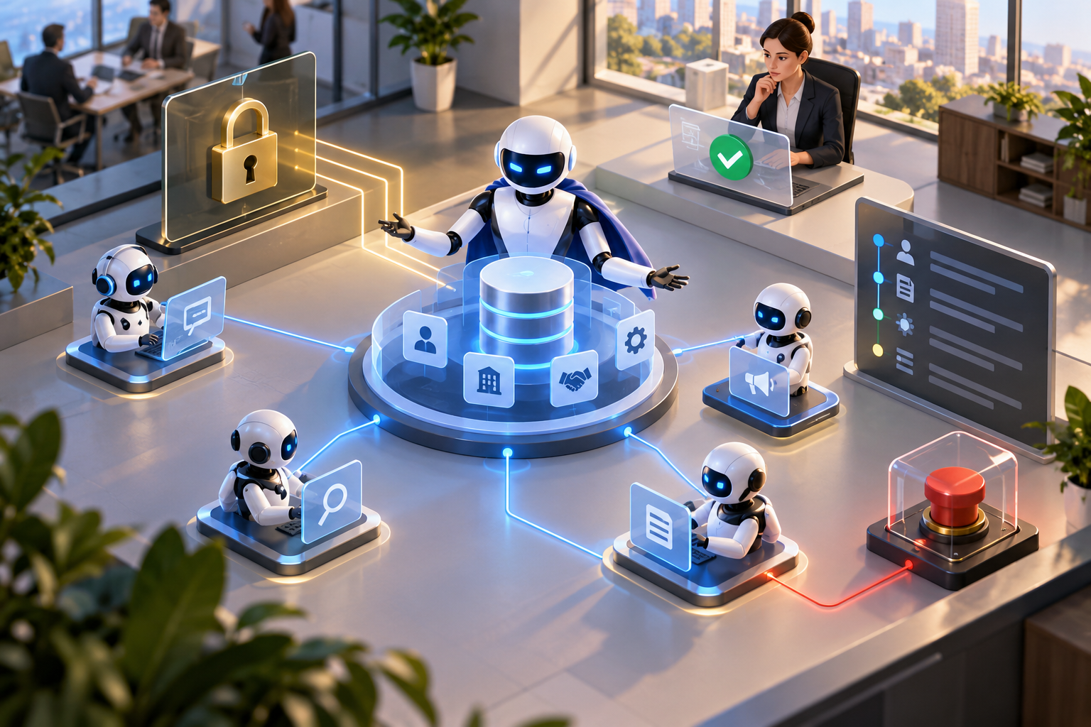 Architecture conceptuelle d’agents IA reliés à un CRM avec contrôles et validation humaine