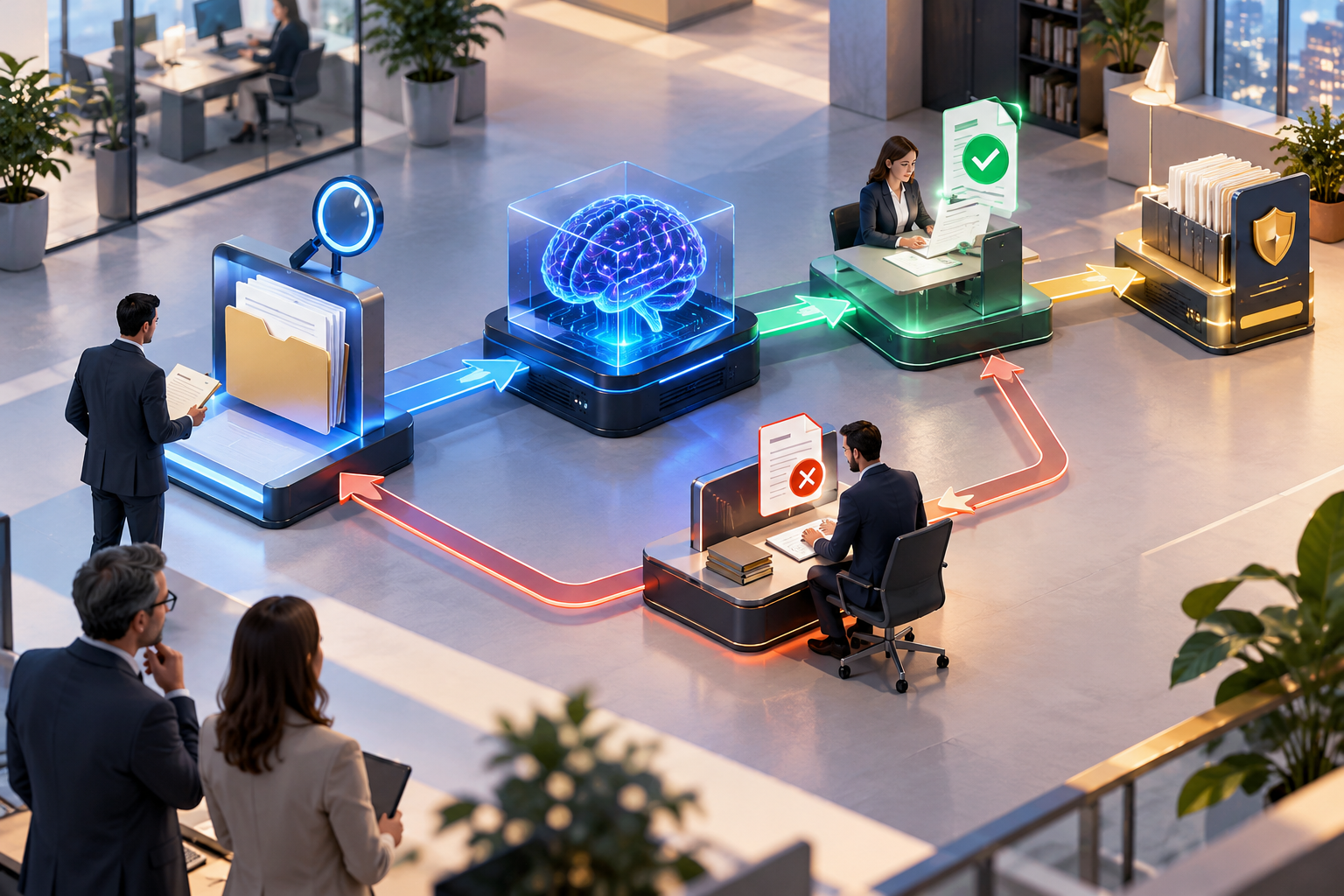 Flux CRM illustrant le contrôle des données, la décision automatisée et la validation humaine