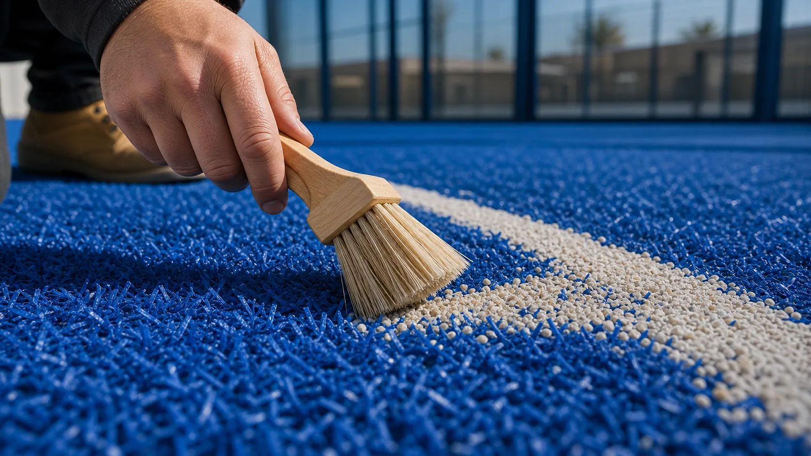 Gazon synthétique bleu de terrain de padel avec sable de silice et contrôle technique de la surface