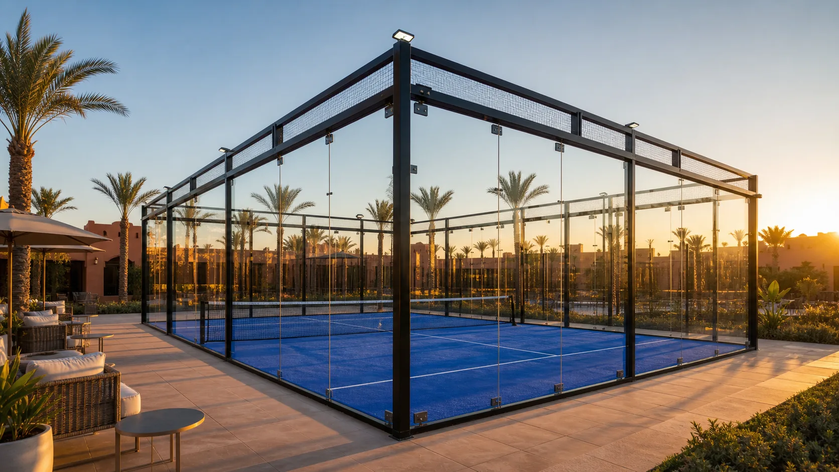 Terrain de padel full panoramique au Maroc avec gazon bleu, vitrage premium et structure acier