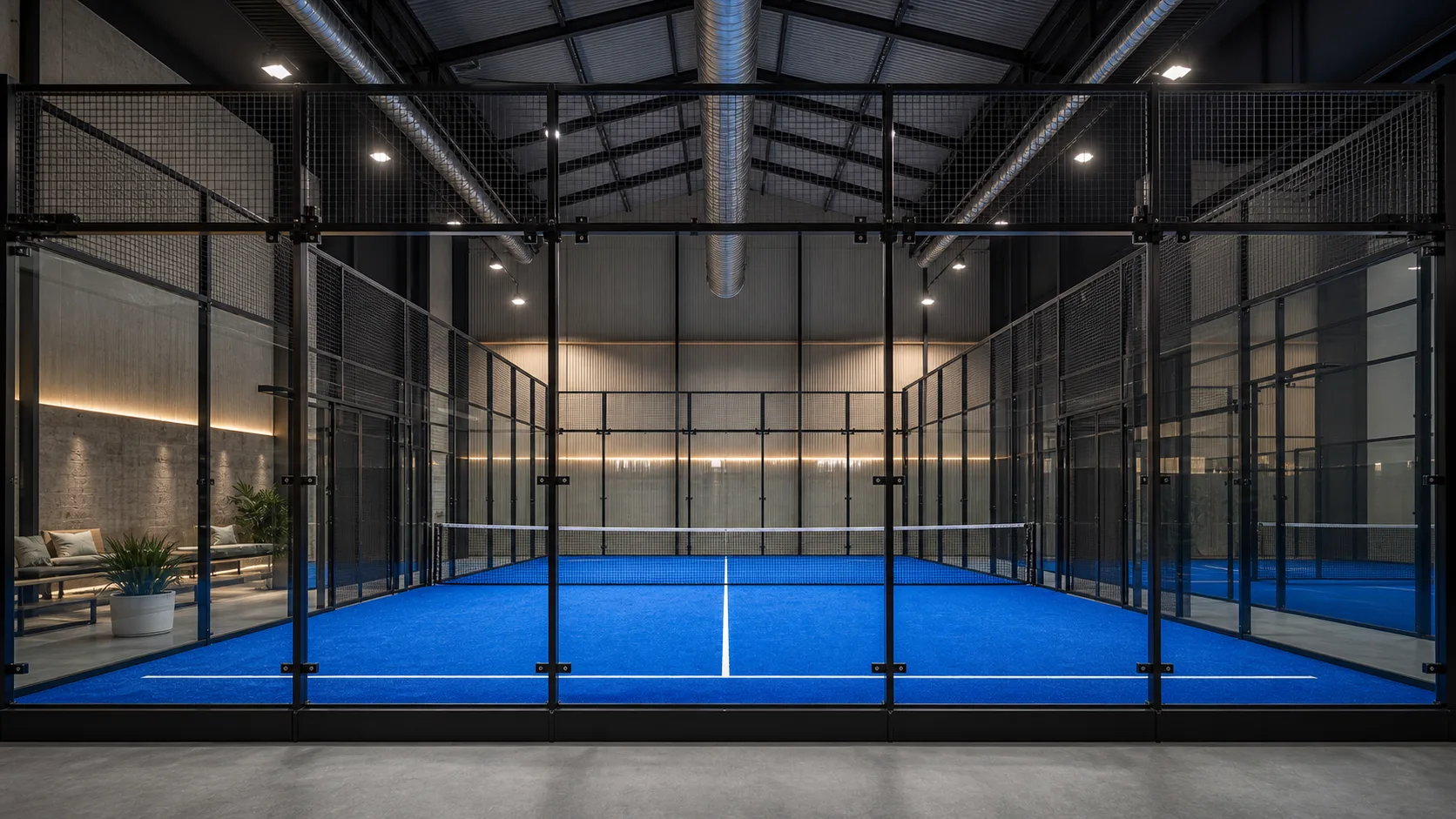 Terrain de padel indoor au Maroc avec gazon bleu, parois vitrées, éclairage LED et ventilation