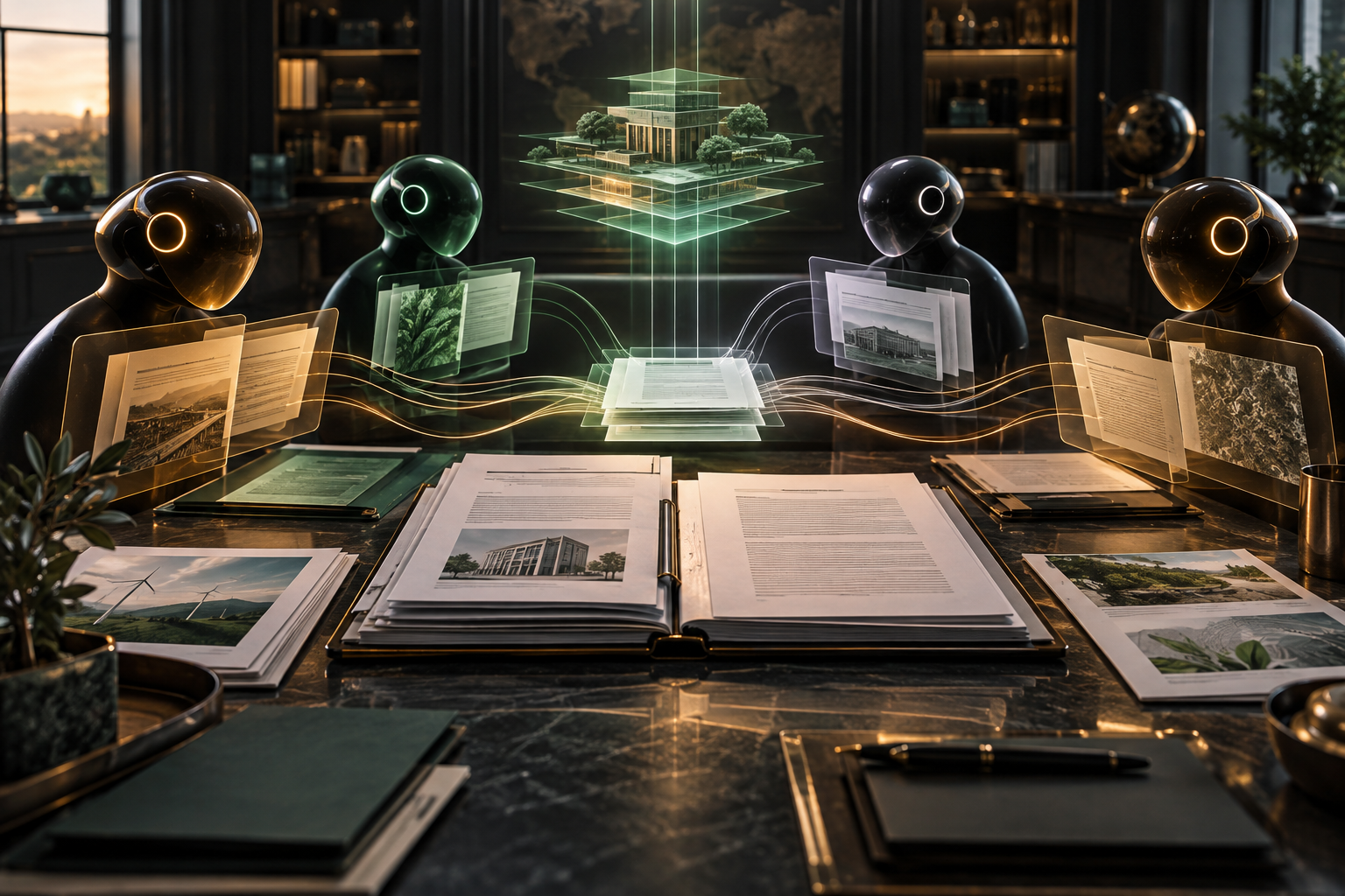 Des agents analysent séparément les exigences et les incohérences d’un appel d’offres hypothétique.