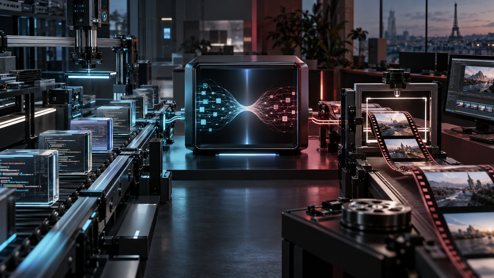 A local AI workstation directs source-code modules and video footage through separate production tools.
