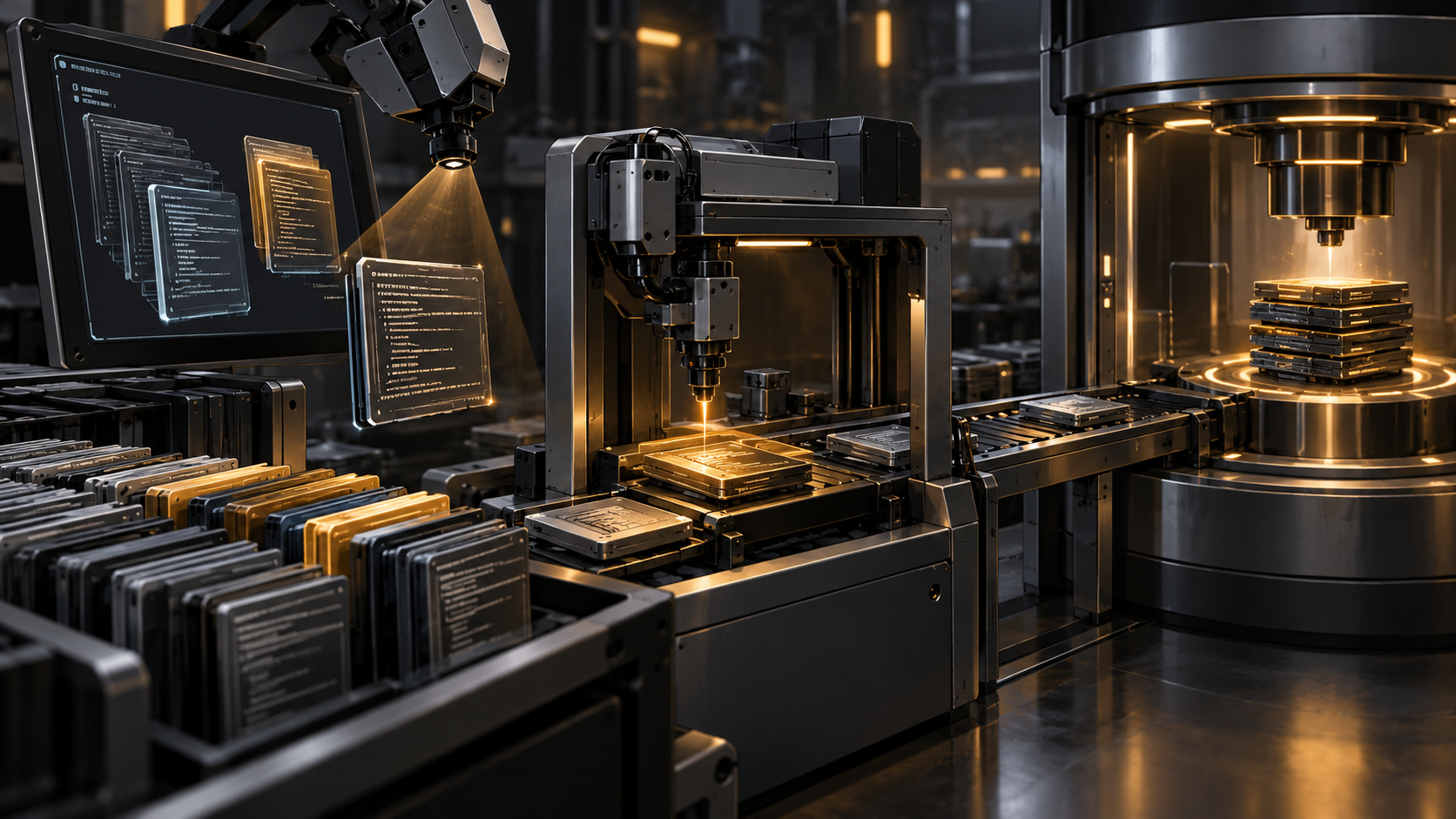 An AI coding terminal moves repository components through repair and build stages.