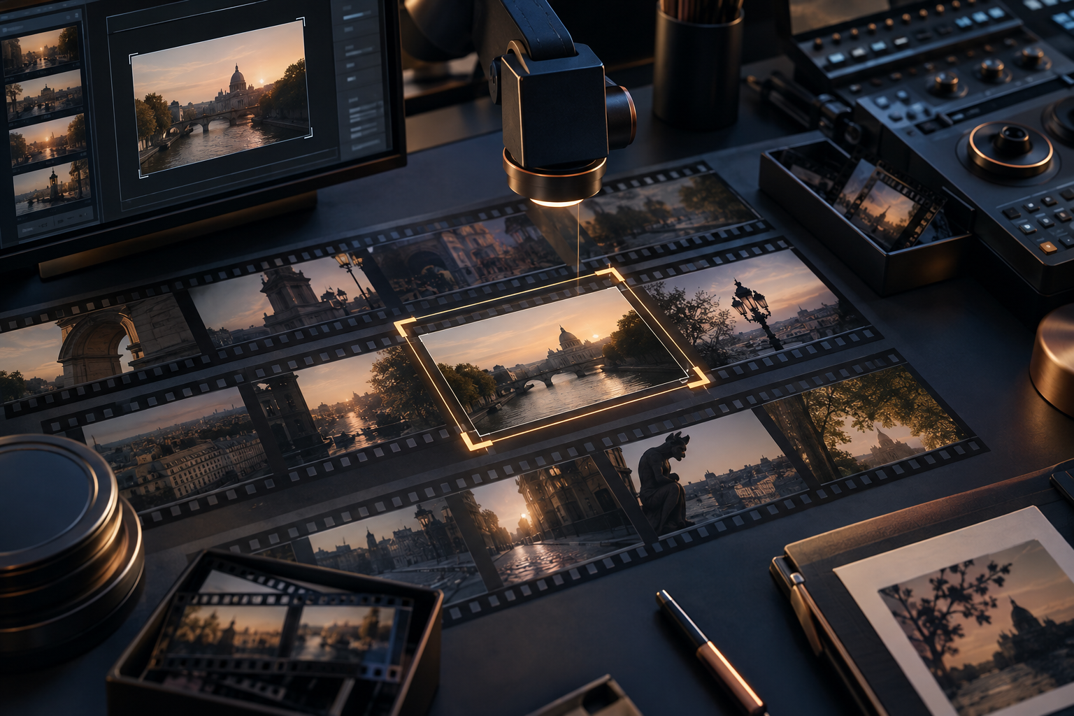 An AI editing mechanism reviews film frames and applies a cropping frame to selected footage.