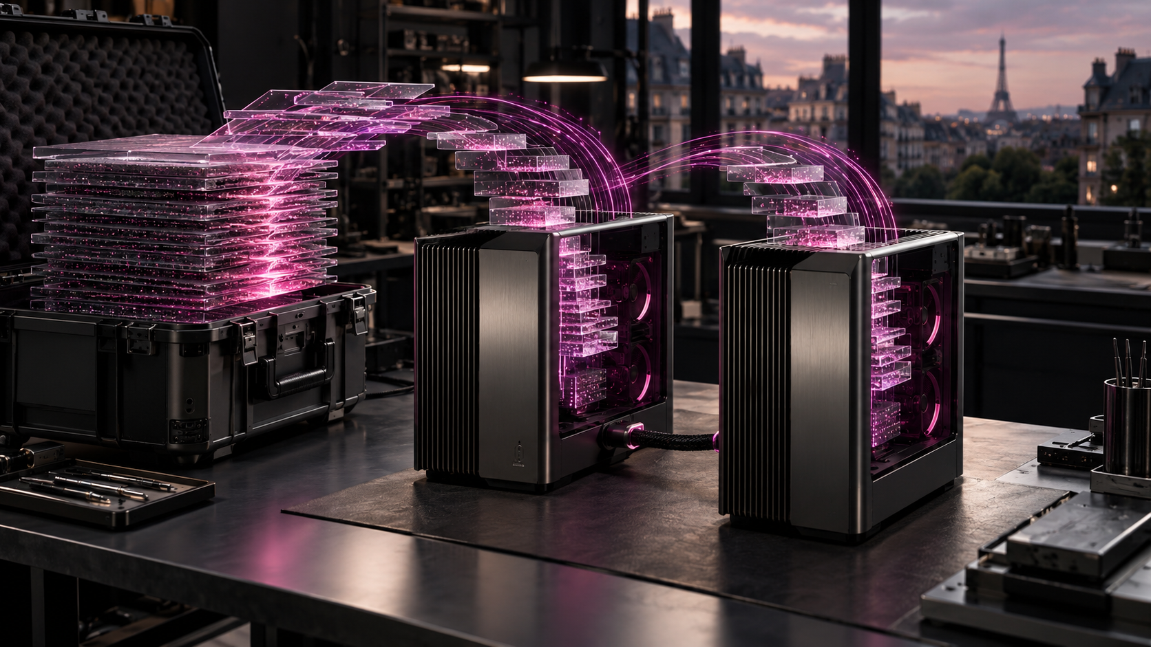Two connected desktop computers loading an open-weight AI model in a precision computing workshop.