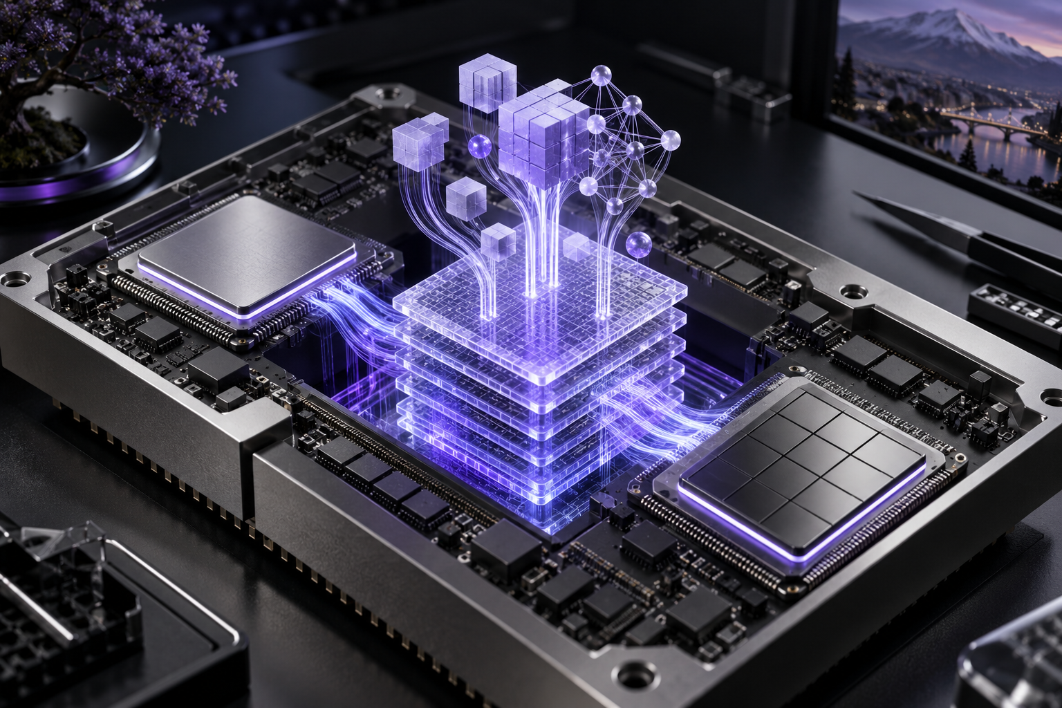 Cutaway illustration of processor and graphics components sharing unified memory for local AI execution.