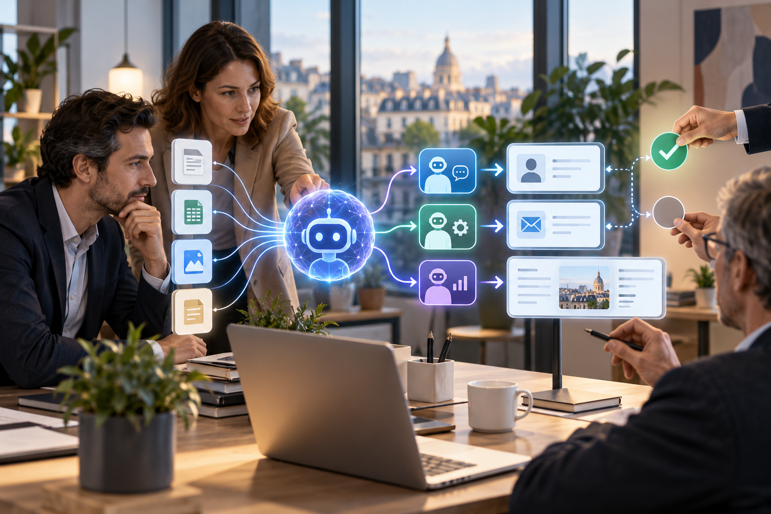 Schéma conceptuel reliant un modèle IA à des tests métier, au CRM et à une validation humaine