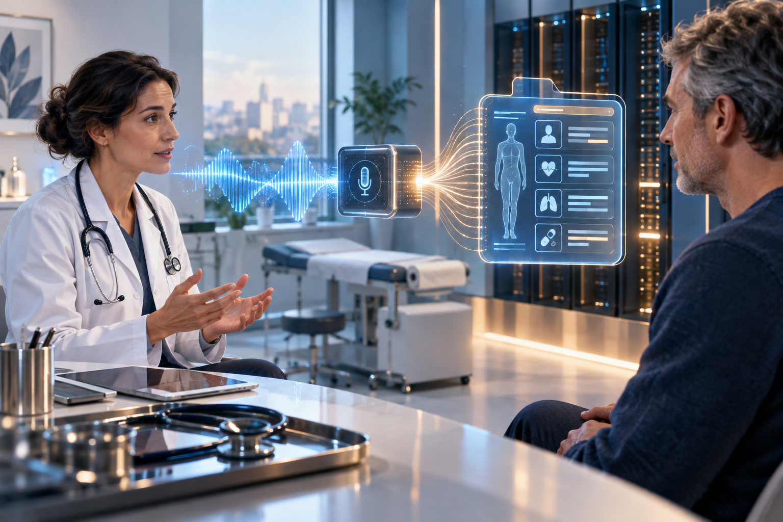 Une consultation médicale dont la parole est transformée en documentation par un moteur d’intelligence artificielle relié à une infrastructure de calcul.