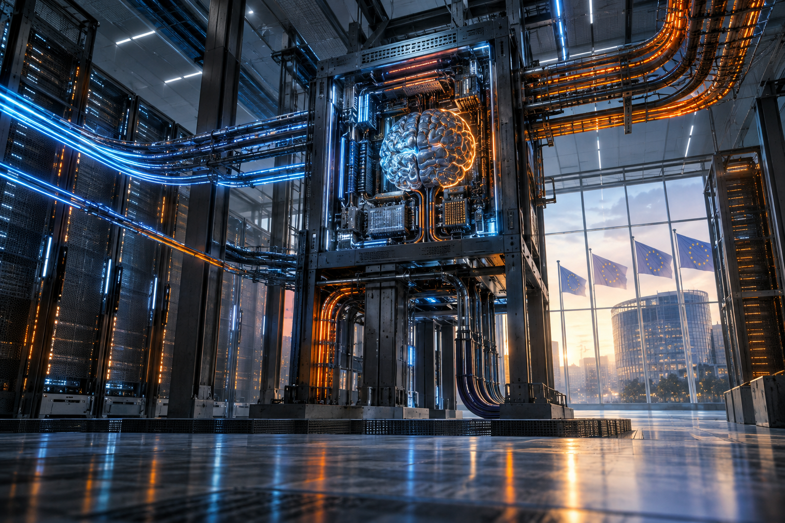 Un modèle d’intelligence artificielle ouvert installé dans un centre de calcul européen, avec des flux de données distincts.