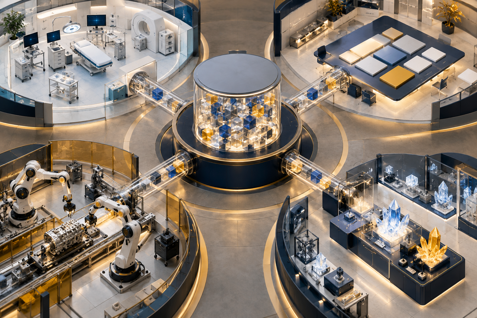 Four distinct AI workload areas for healthcare, business planning, robotics and materials design connected to shared computing resources.