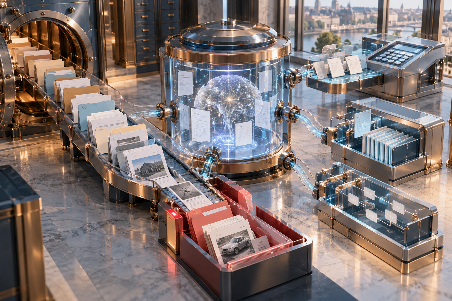 A large AI model processes claim documents and routes extracted information to several business tools.