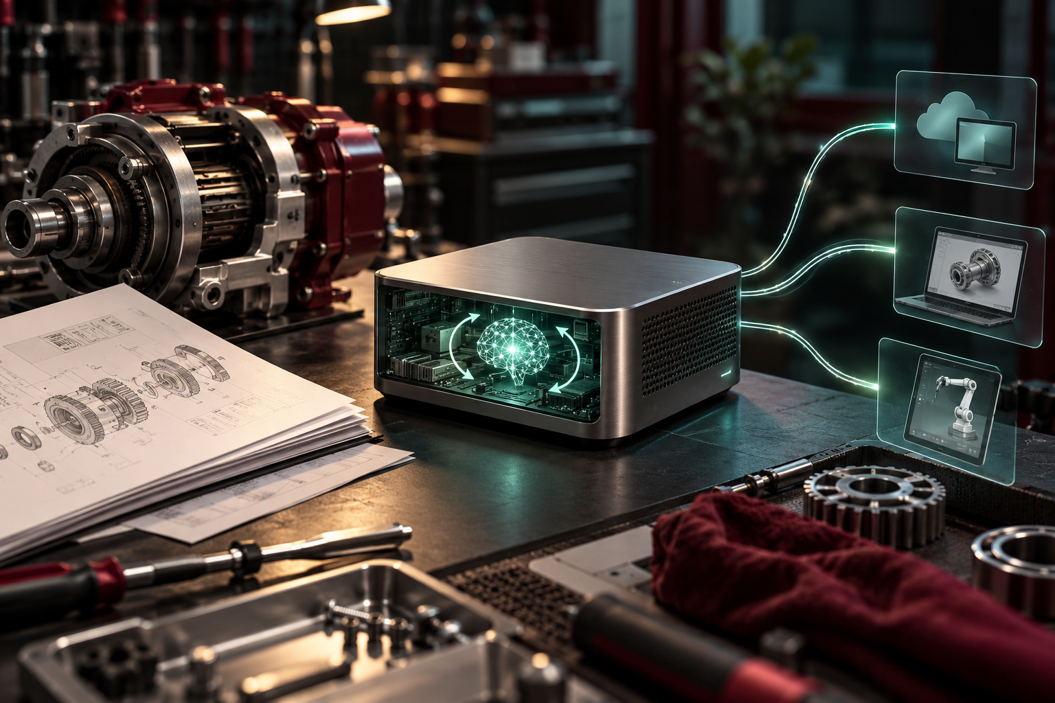 A compact AI PC processes a technical document locally while separate connections lead to external tools.