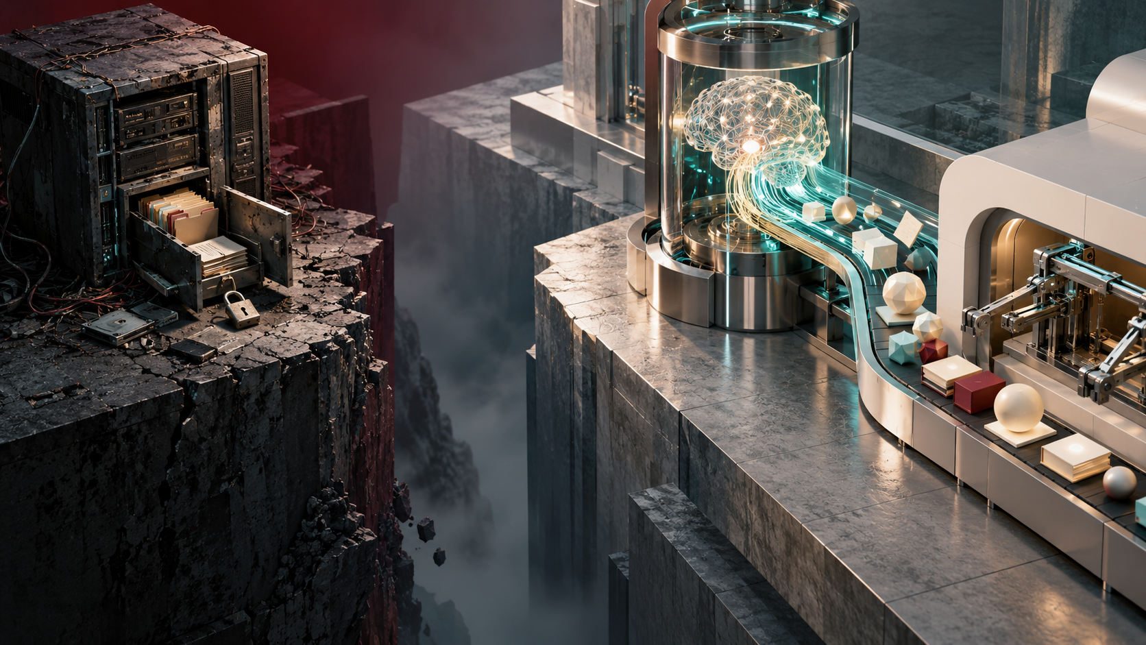 A legacy system credential compartment sits apart from a model distillation process using collected responses.
