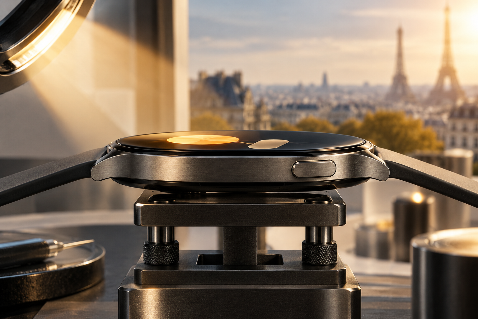 Side profile of a thin smartwatch under a bright visibility test light