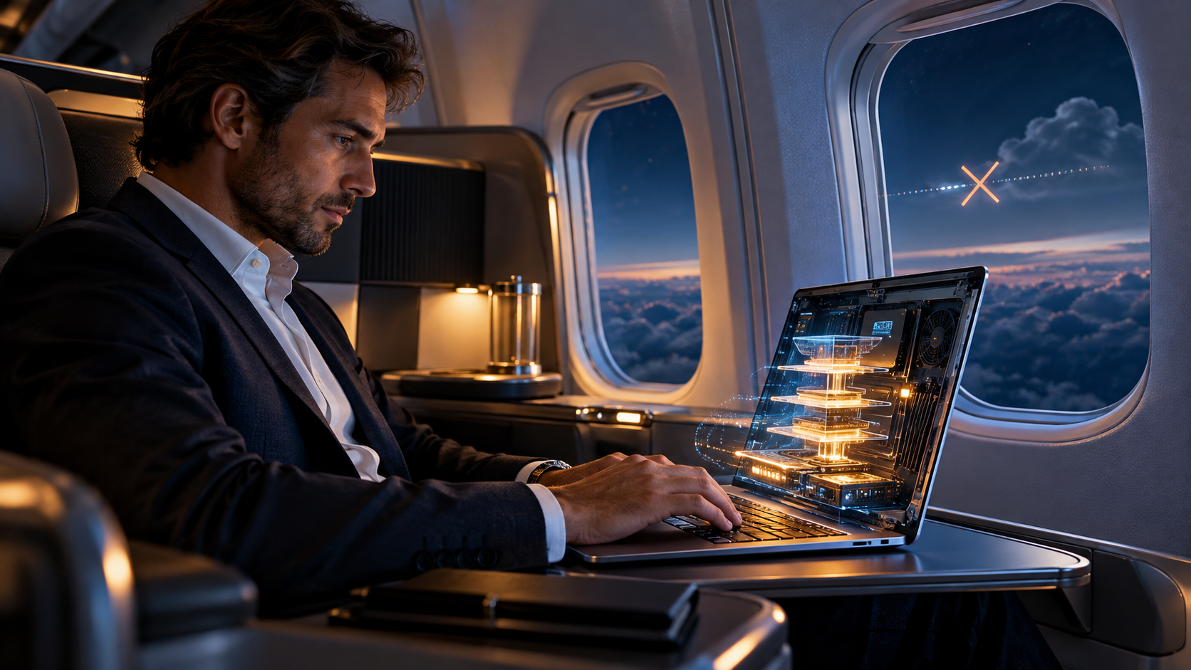 Traveller using a laptop that runs an AI model locally during an offline flight