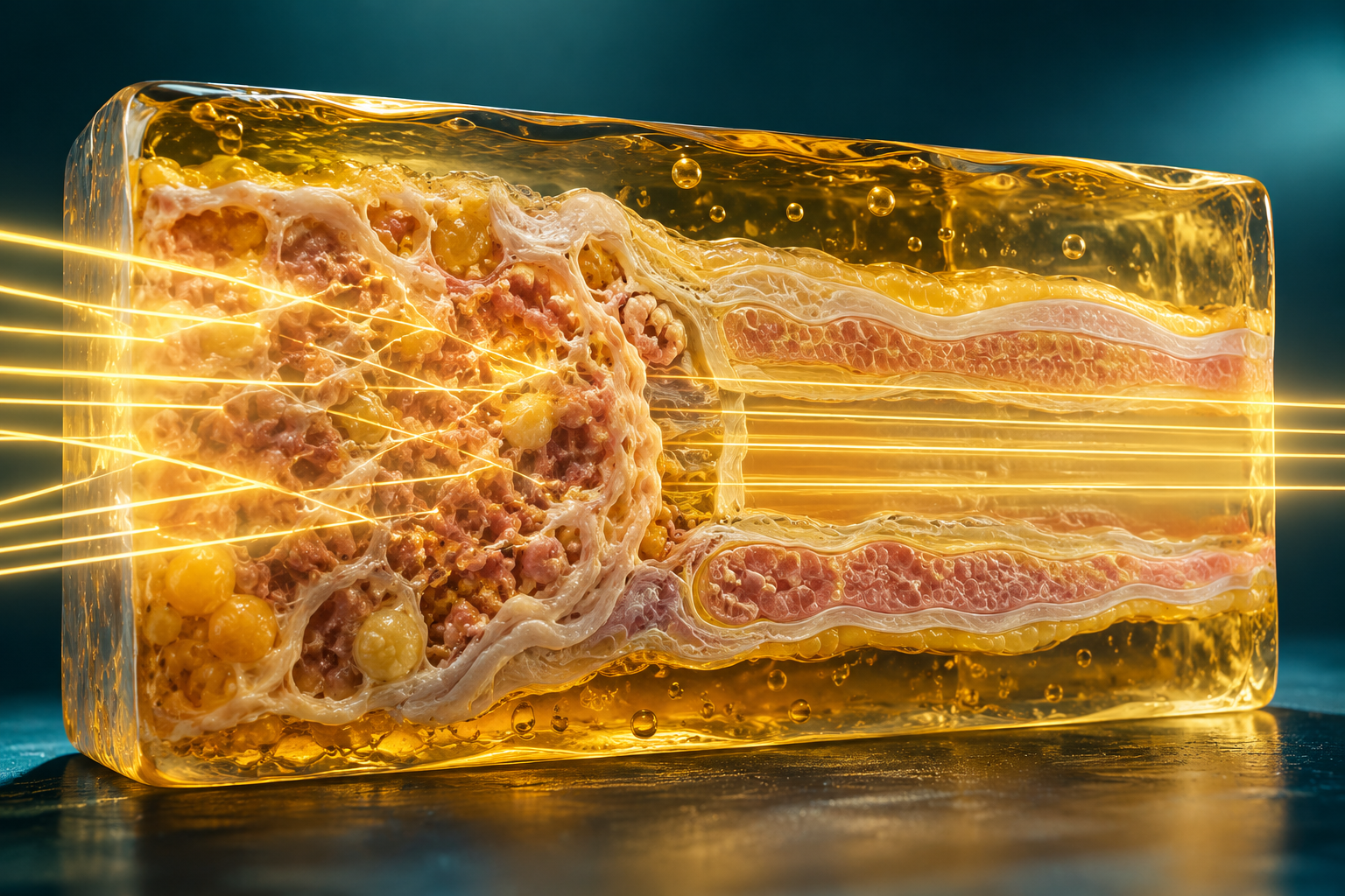 Conceptual cutaway showing light passing more directly through tissue after optical properties become more closely matched.