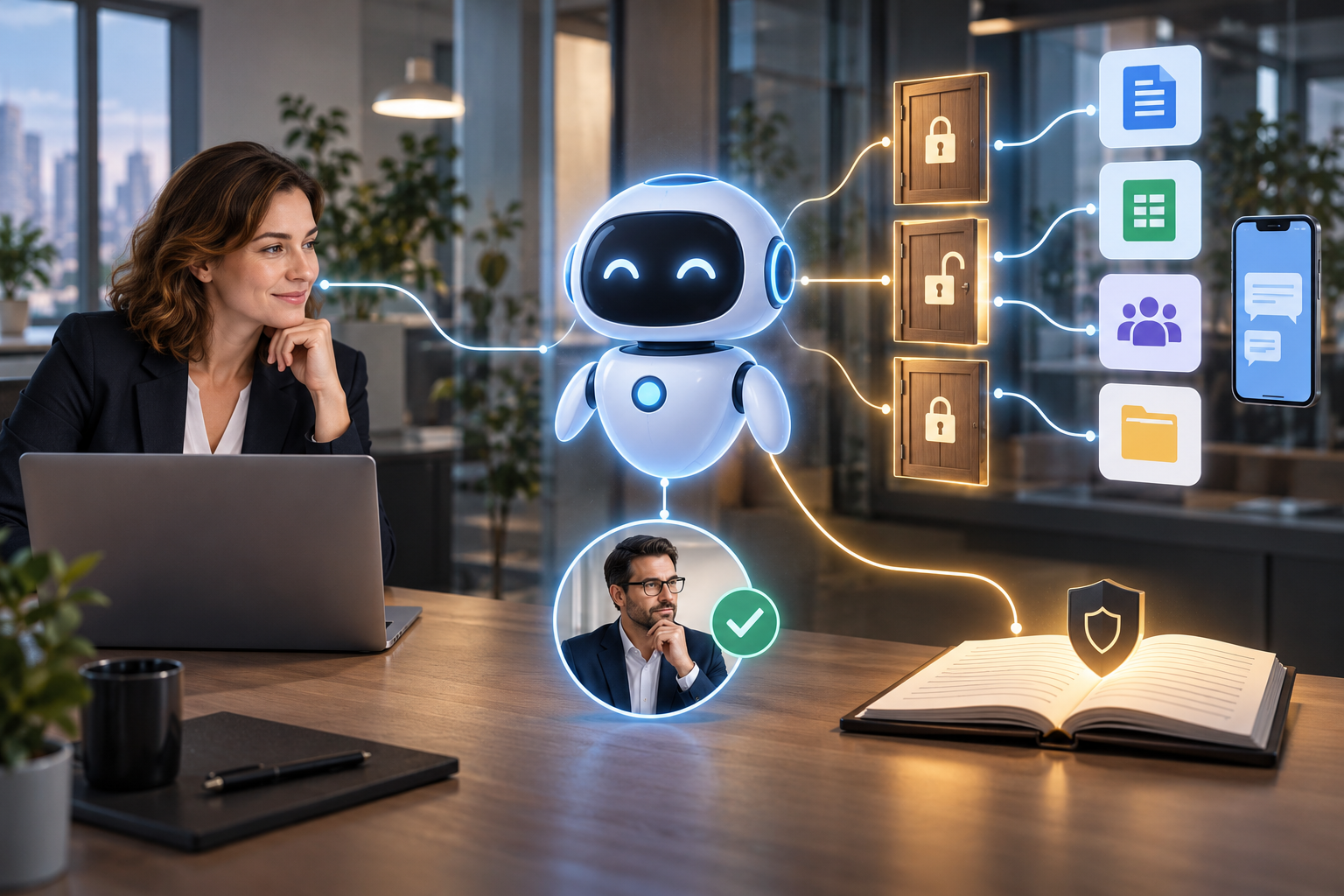 Circuit de gouvernance reliant un utilisateur, un agent IA, une validation et des applications métier