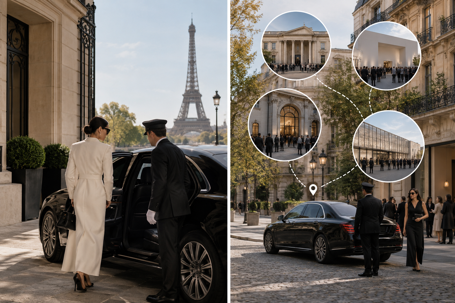 Conceptual comparison of a direct transfer and chauffeur coverage across several Paris venues