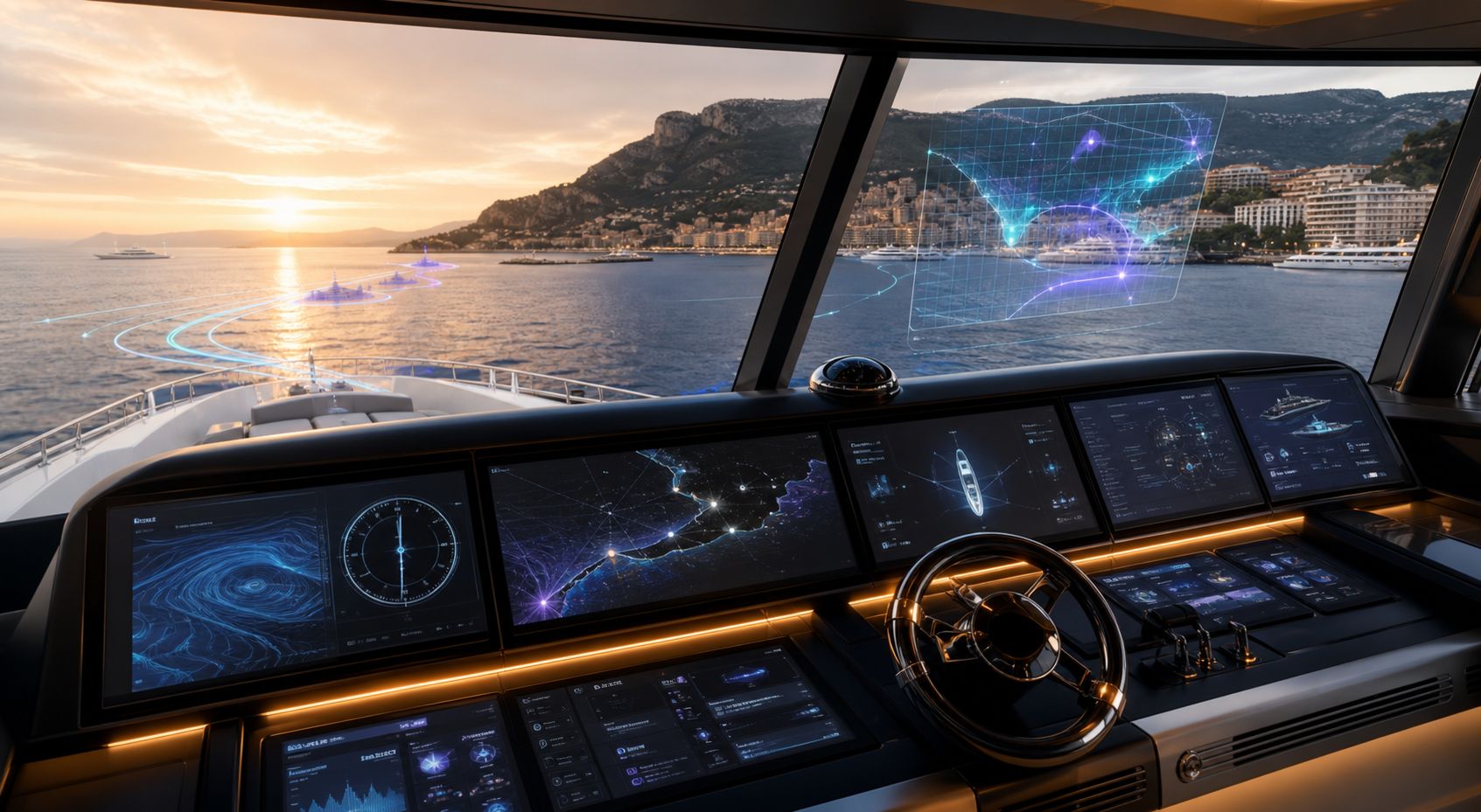 AI in the yacht industry with a luxury yacht bridge and intelligent navigation overlays