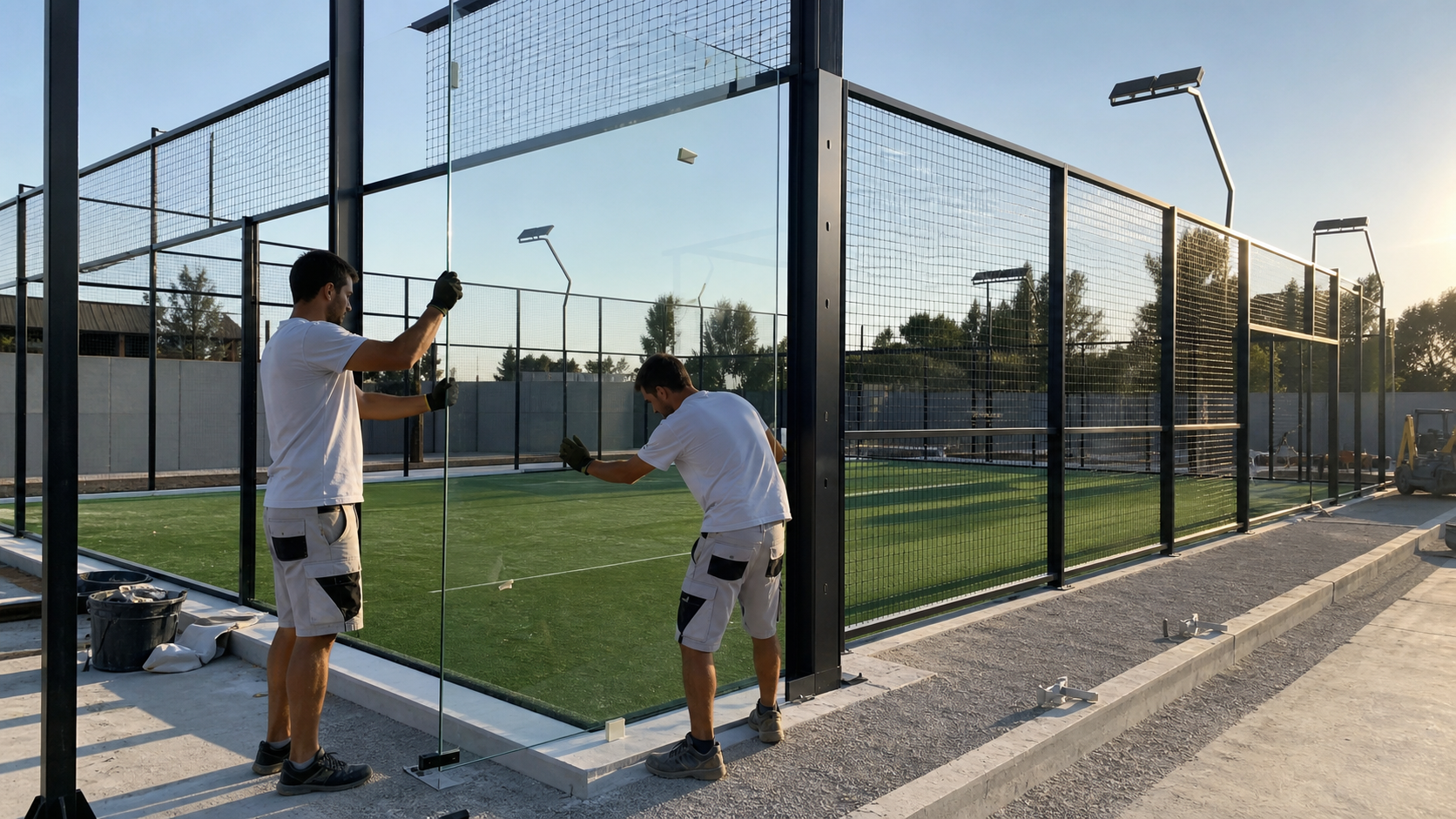 Installation vitrage et gazon sur terrain de padel