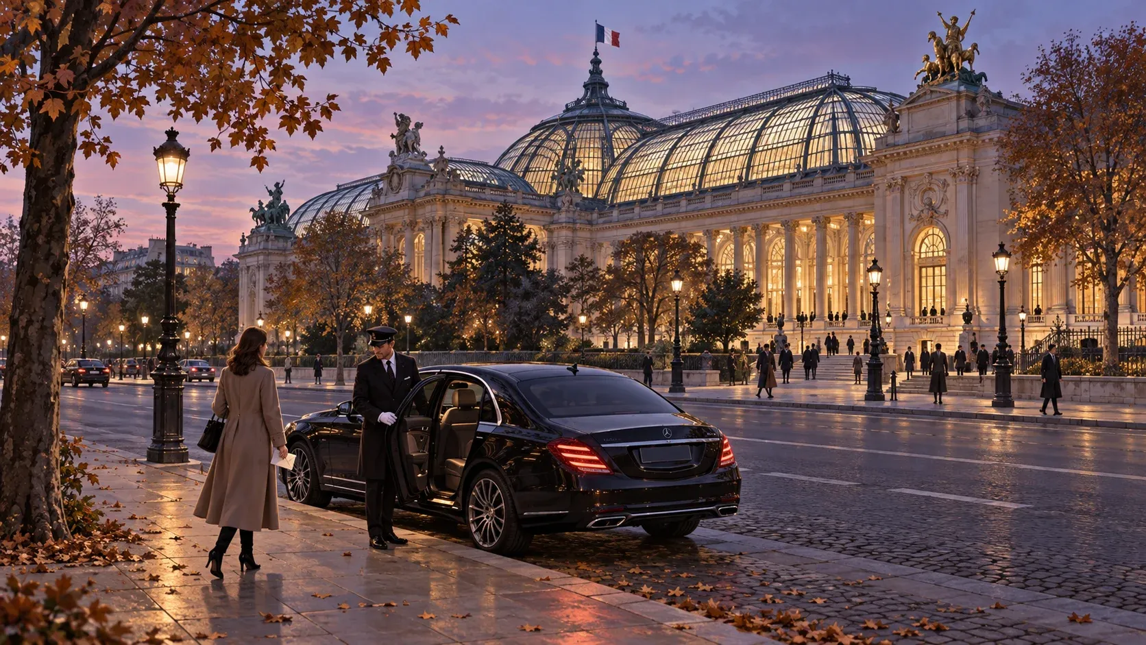 AI-generated illustration of a chauffeur pickup near the Grand Palais at dusk.