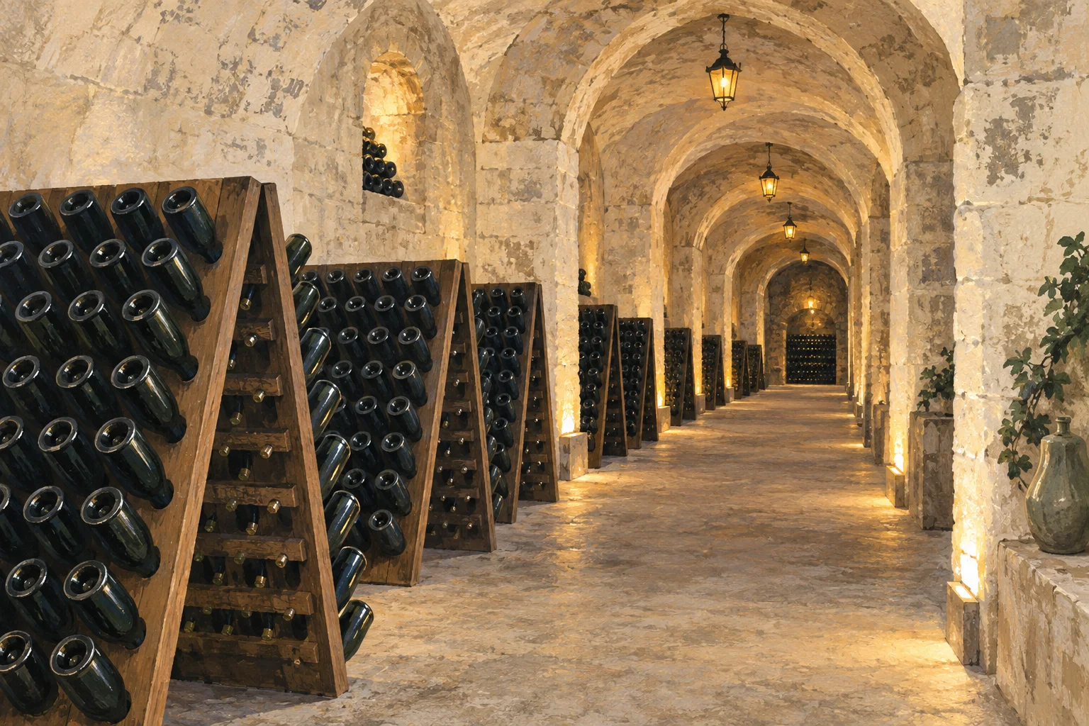 Illustration of a chalk cellar corridor with wooden racks and softly lit arches